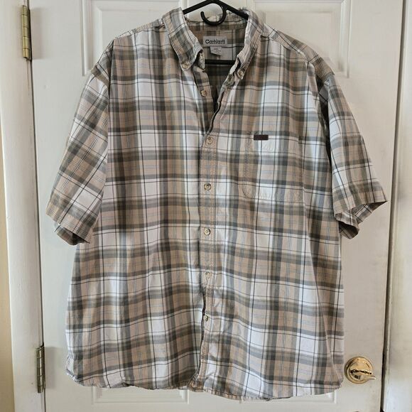 Carhartt 2XL B138VOL Plaid Short Sleeve Button Shirt Beige Tan Loose Fit 30x33 - Picture 1 of 6